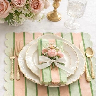 Riviera Stripe pistachio green and dust peach paper napkins with vertical stripes and scalloped edge, French Riviera style striped luncheon napkins 33x33cm