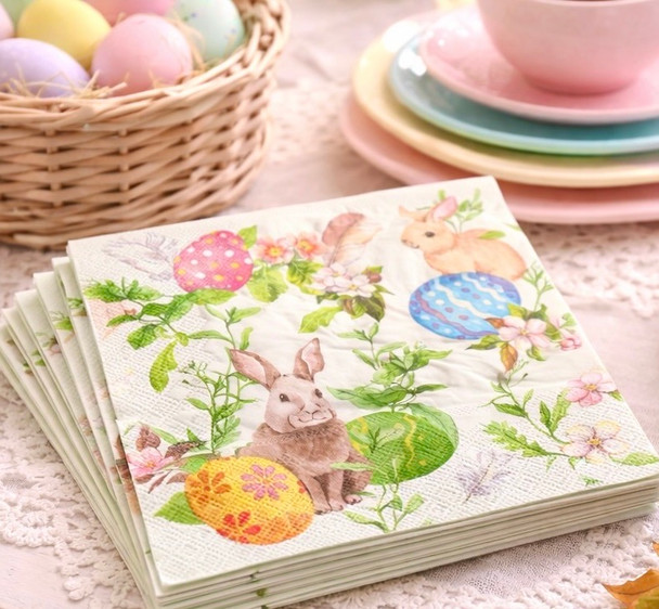 Easter bunny and colourful eggs paper napkins for spring table setting