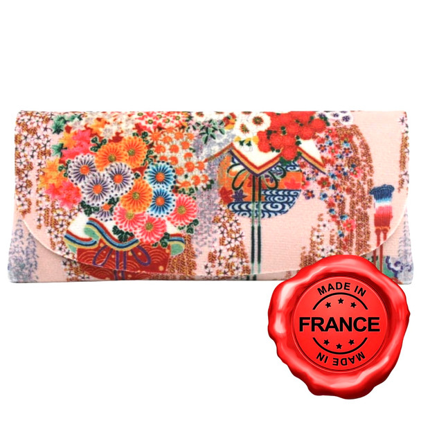MISE Museum Japanese Garden pink soft velour glasses case made in France with floral art design in coral, pink and pastel tones