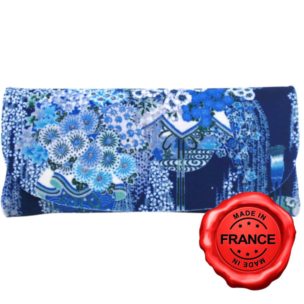 MISE Museum Japanese Garden blue soft velour glasses case made in France with floral art design in navy and blue tones
