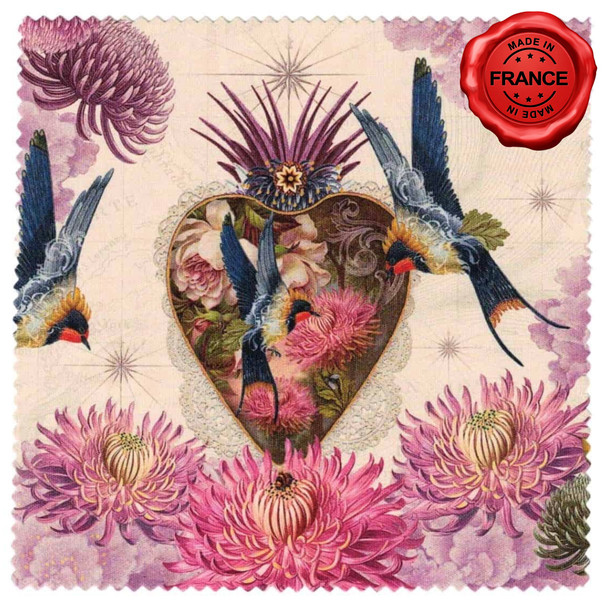 Isabelle Frioux Swallow Garden microfibre cleaning cloth made in France with swallows birds floral and heart design in pink tones