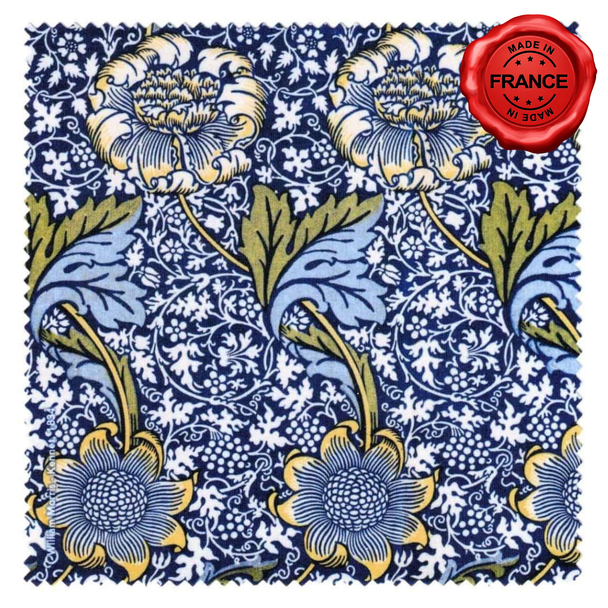 William Morris blue floral microfibre cleaning cloth made in France with Bachelor’s Button pattern in navy and yellow