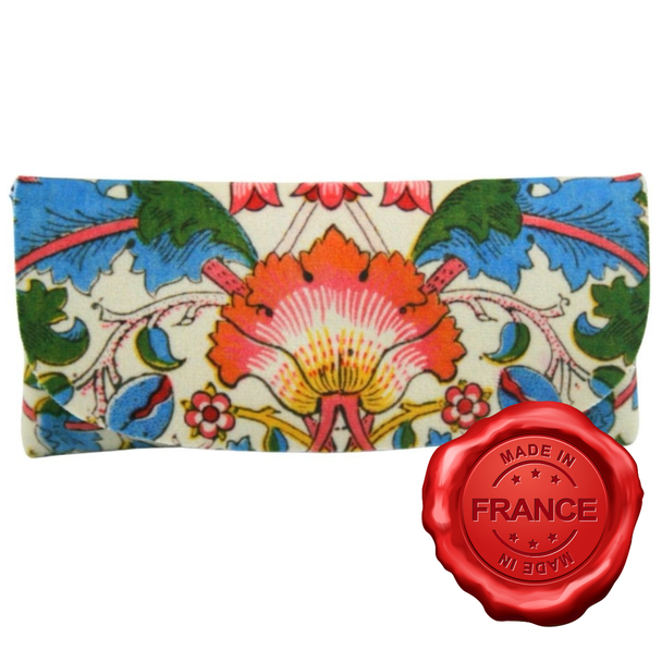 William Morris tulip pink and blue floral soft velour glasses case made in France with classic Arts and Crafts pattern