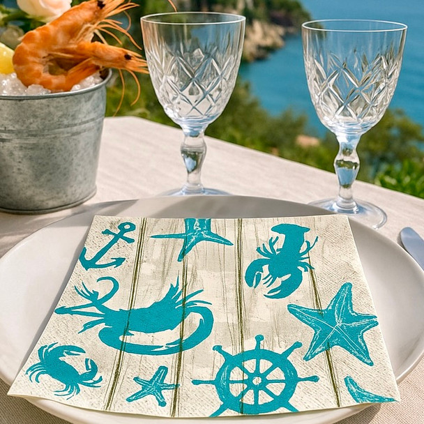 coastal seafood striped paper napkins 33x33cm turquoise nautical serviettes