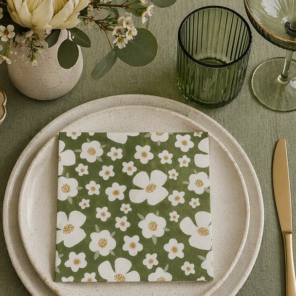 white floral green paper napkins 33x33cm flower serviettes