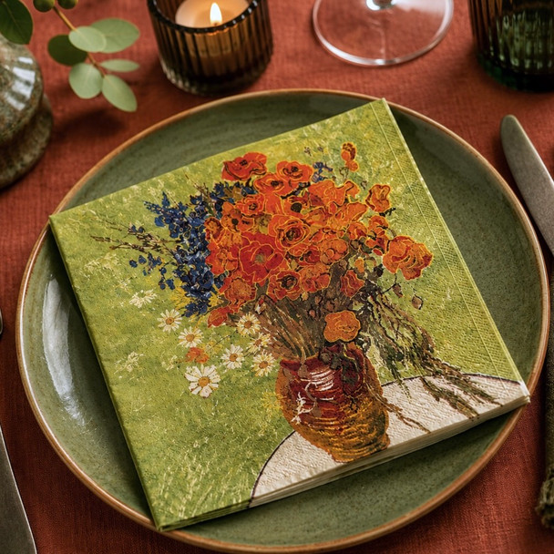 vase with daisies and poppies van gogh paper napkins 33x33cm floral art serviettes