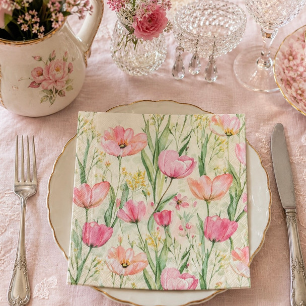 pink tulip paper napkins 33x33cm floral luncheon serviettes