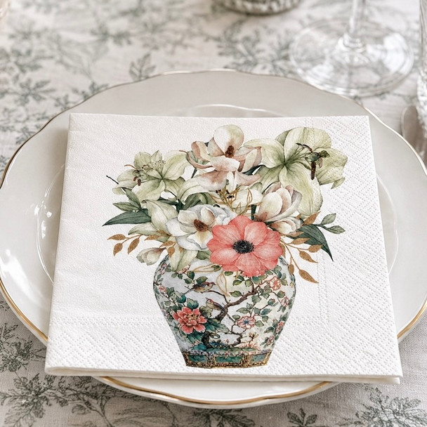 lilies floral paper napkins vintage vase luncheon serviettes 33x33cm