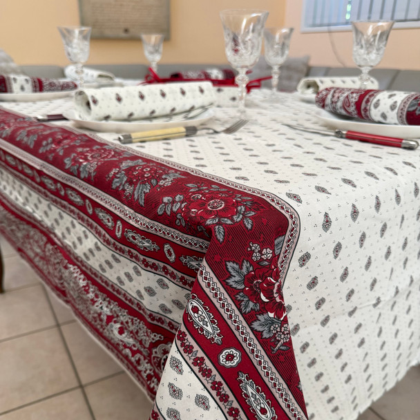 200 x 150 cm Marat Bastide Burgundy stain-resistant coated French tablecloth with burgundy floral borders, 6 seats, made in France