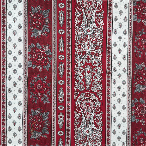 Marat Bastide Burgundy French cotton serviette napkin with burgundy floral stripe pattern, 42 x 42 cm, made in France