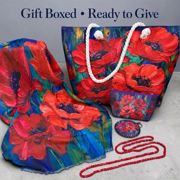 Provence Poppy gift set with red poppy tote bag, scarf, cosmetic bag, round coin purse and red wooden bead necklace