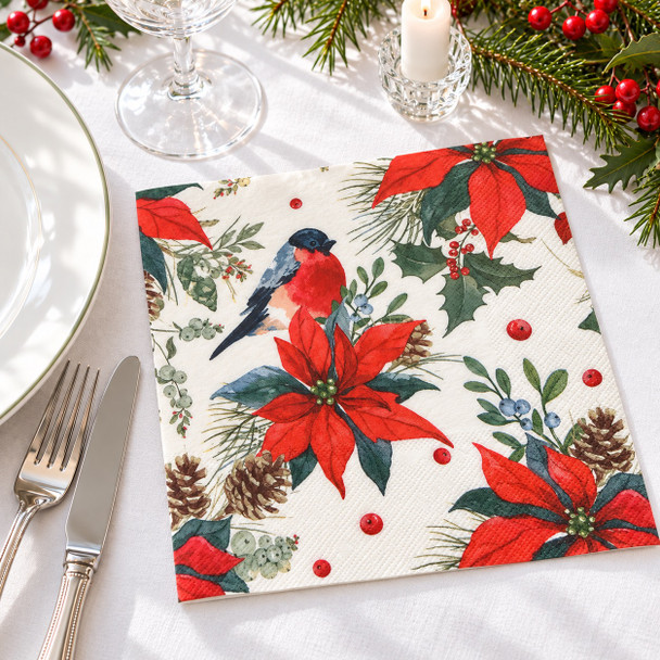Christmas Robin and Poinsettias paper napkins featuring a red-breasted bird, red poinsettia flowers, holly leaves, berries and pine cones, 33x33cm