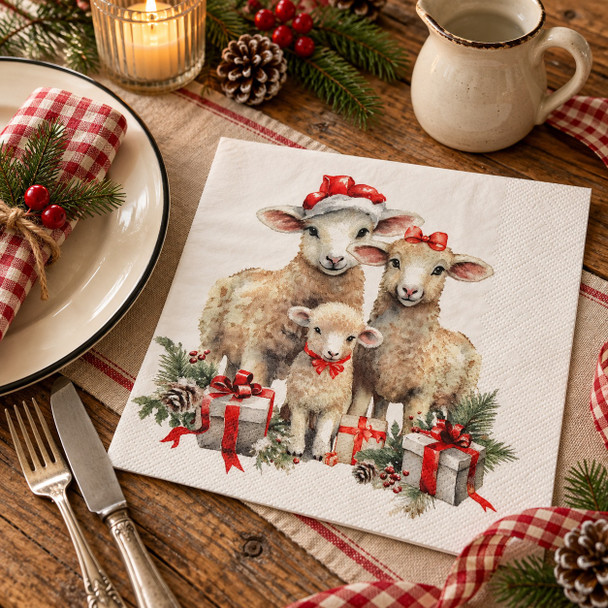 Christmas Lamb Family paper napkins featuring three fluffy lambs wearing festive red bows and Santa hat, surrounded by Christmas presents and greenery, 33x33cm