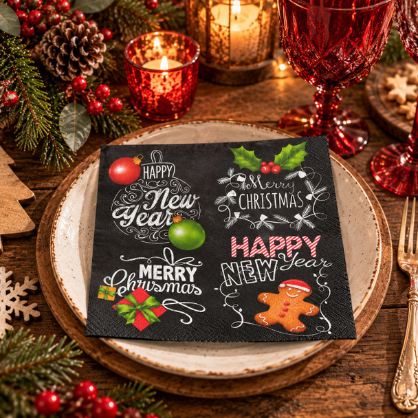 20 Paper Napkins – Merry Christmas & Happy New Year Black – 33x33cm Luncheon
