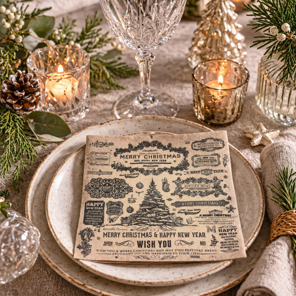 Vintage Christmas and New Year paper napkins featuring antique black typography, ornate festive greetings and Christmas tree illustrations on a natural beige background, 33x33cm