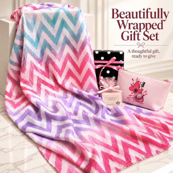 Pink and lilac shawl gift set with cosmetic bag, French soap and gift wrapping