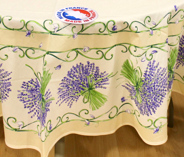 180 cm Round French Tablecloth – Coated – Lavender Ecru – Made in France