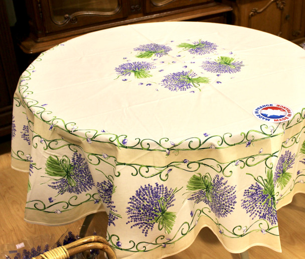 180 cm Round French Tablecloth – Coated – Lavender Ecru – Made in France