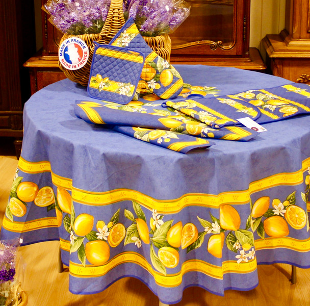 Lemon Blue French Tablecloth Round 180cm COATED Made in France Lemon Blue French Tablecloth Round 180cm COATED Made in France