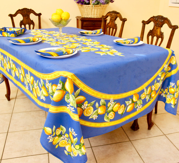 Lemon Blue French Tablecloth 155x250cm 8seats COATED Made in France