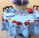 180 cm round French cotton tablecloth – Poppy Light Blue with red poppies and green sprigs – made in France