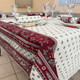 350 x 150 cm Marat Bastide Burgundy French cotton tablecloth with burgundy floral borders and traditional motifs, 12 seats, made in France
