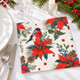 Christmas Robin and Poinsettias paper napkins featuring a red-breasted bird, red poinsettia flowers, holly leaves, berries and pine cones, 33x33cm