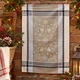 Beige French Jacquard Christmas tea towel with woven reindeer, snowflakes and decorative grey borders, 100% cotton, made in France