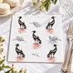Australian Magpie 3-ply paper napkins featuring five black and white magpies with delicate botanical branches and soft pink accents against a white background, 33x33cm