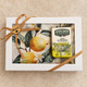 Mediterranean lemons scarf and lemon verbena soap in a white presentation box with ribbon and Merci tag