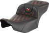 SADDLEMEN Roadsofa™ Extended Reach Seat for FLTR/FLHX '23-'26 – Orange Stitch, Lattice Pattern, Without Backrest