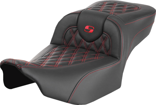 SADDLEMEN Roadsofa™ Extended Reach Seat for FLTR/FLHX '23-'26 – Lattice Stitch, Red Stitch, No Backrest