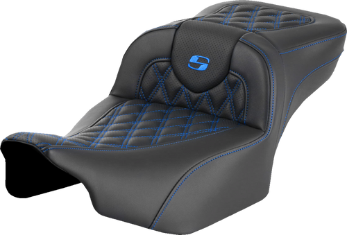 SADDLEMEN Roadsofa™ Extended Reach Seat for FLTR/FLHX 2023-2024 – Blue Stitch, Lattice Design, Without Backrest