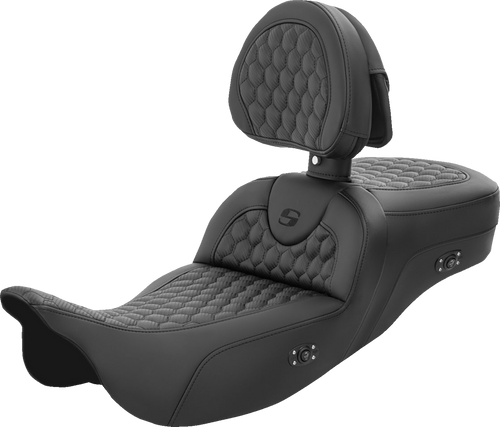 SADDLEMEN RoadSofa™ Seat with Honeycomb Pattern and Backrest for FL 2008-2023 – Extended Reach, Heated 