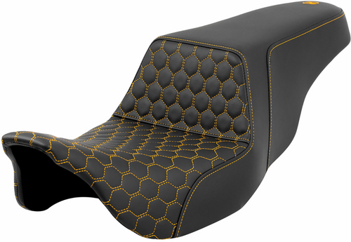 SADDLEMEN Step-Up Seat with Honeycomb Pattern and Gold Stitching for Harley FL 2008-2023 