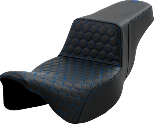 SADDLEMEN Step-Up Seat with Honeycomb Pattern for Harley FL 2008-2023 – Extended Reach with Blue Stitching