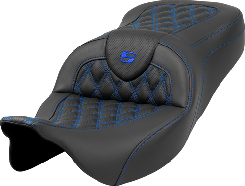 SADDLEMEN Roadsofa™ Seat with Lattice Stitch and Blue Details for FLH/FLT 2008-2023