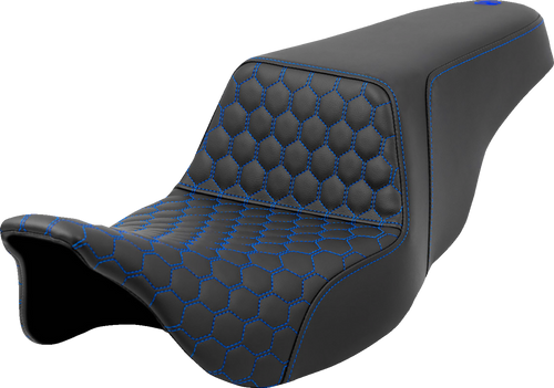 SADDLEMEN Step-Up Seat with Honeycomb Pattern and Blue Stitching for Harley FL 2008-2023