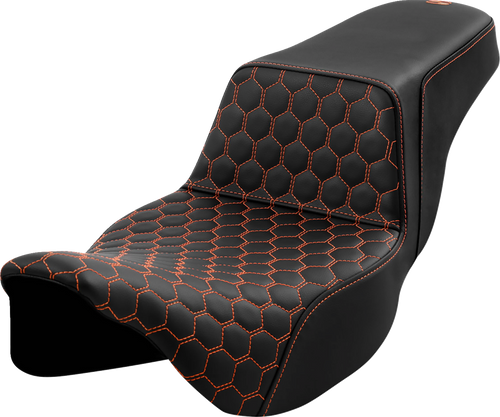 SADDLEMEN Step-Up Seat with Honeycomb Pattern for Harley FL 2008-2023 - Extended Reach with Orange Stitching