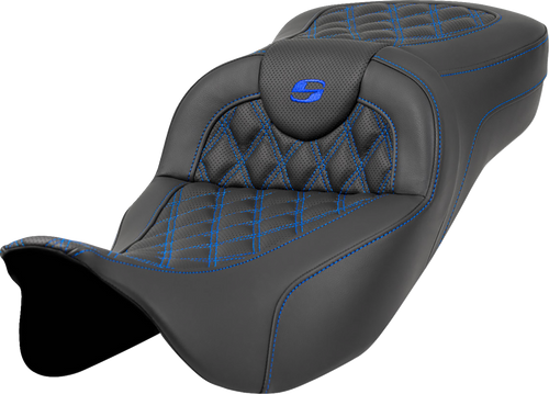 SADDLEMEN Extended Reach Roadsofa™ Seat with Lattice Stitch - Blue Stitch for FL 2008-2023