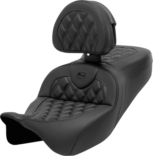 SADDLEMEN Roadsofa™ Seat with Backrest for Harley FL 2008-2023 – Carbon Fiber, Lattice Stitch, 5-1/2" Lumbar Support