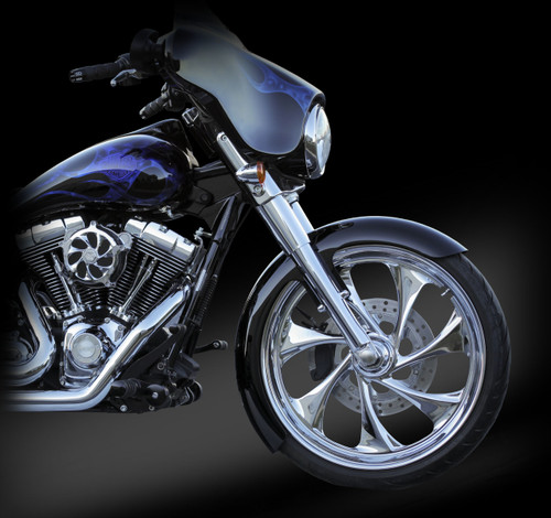 16 gauge, steel fender kit for 23x3.75 front wheel for H-D Touring Models. Choose from chrome or black fender brackets.