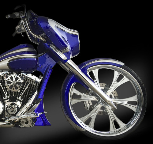 16 gauge, steel fender kit for 26x3.75 front wheel for H-D Touring Models. Choose from chrome or black fender brackets.