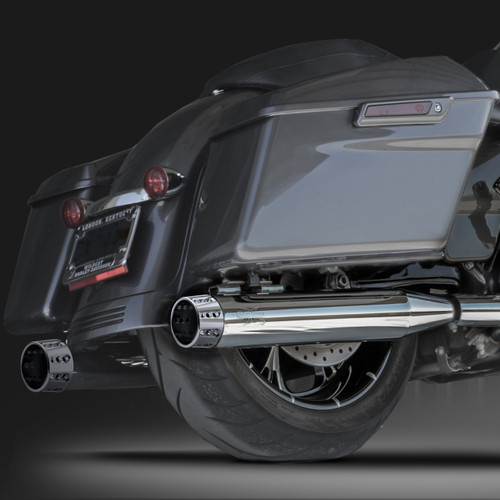 RCX Exhaust 4.0" Slip-on Mufflers, Chrome with Gatlin chrome tips. RCX Exhaust 4.0" Slip-on Mufflers, Chrome with Gatlin chrome tips.