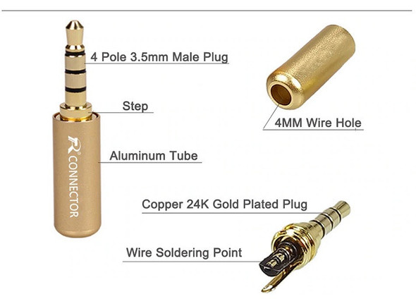 3.5mm 4 conductor Aluminum Male Stereo Plug, Gold