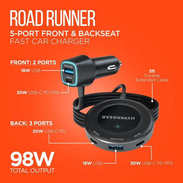HyperGear Road Runner 98W 5 Port Front & Backseat Fast Car Charger with Dual 30W USB-C PD PPS | Black