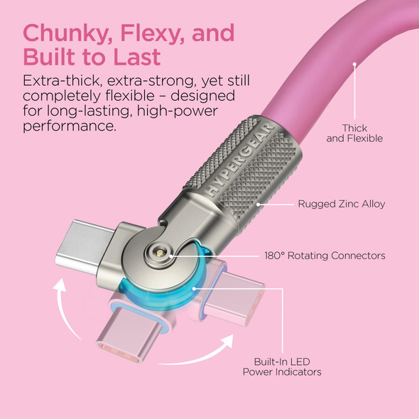 Chunky 180° 6 Foot 100W USB-C to USB-C Rugged Fast Charge Cable - Pink