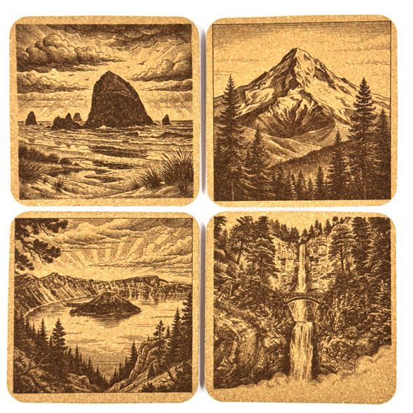 Oregon Pacific Northwest Cork Coaster Set – Mt Hood, Crater Lake, Multnomah Falls, Cannon Beach