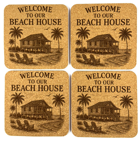 Welcome to our Beach House Laser Engraved Cork Coaster Set