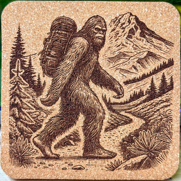 Explore the Enchanting Pacific Northwest with a set of 4 Laser Engraved Bigfoot Cork Coasters